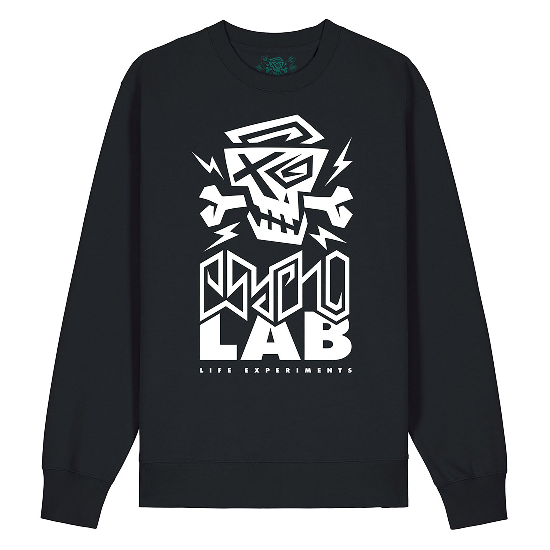 Sweatshirt Logo Black von PsychoLab, gleichmäßiger Blick auf das auffällige Design mit Totenkopf-Logo, perfekt für einen stylishen Look.