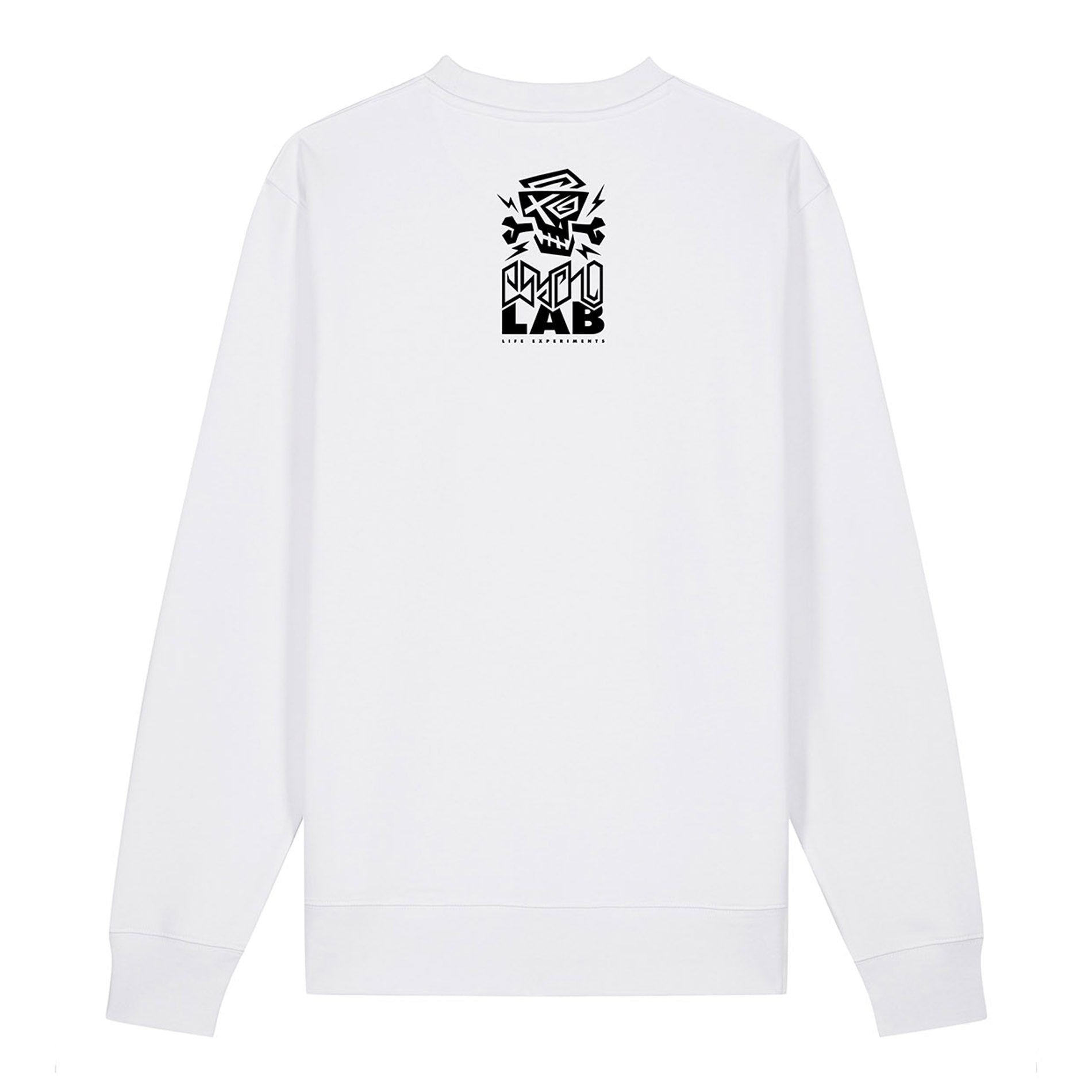 Rückansicht des Sweatshirts Logo White von PsychoLab, mit kreativem Logo-Design, das Nachhaltigkeit und Stil vereint. PsychoLab.