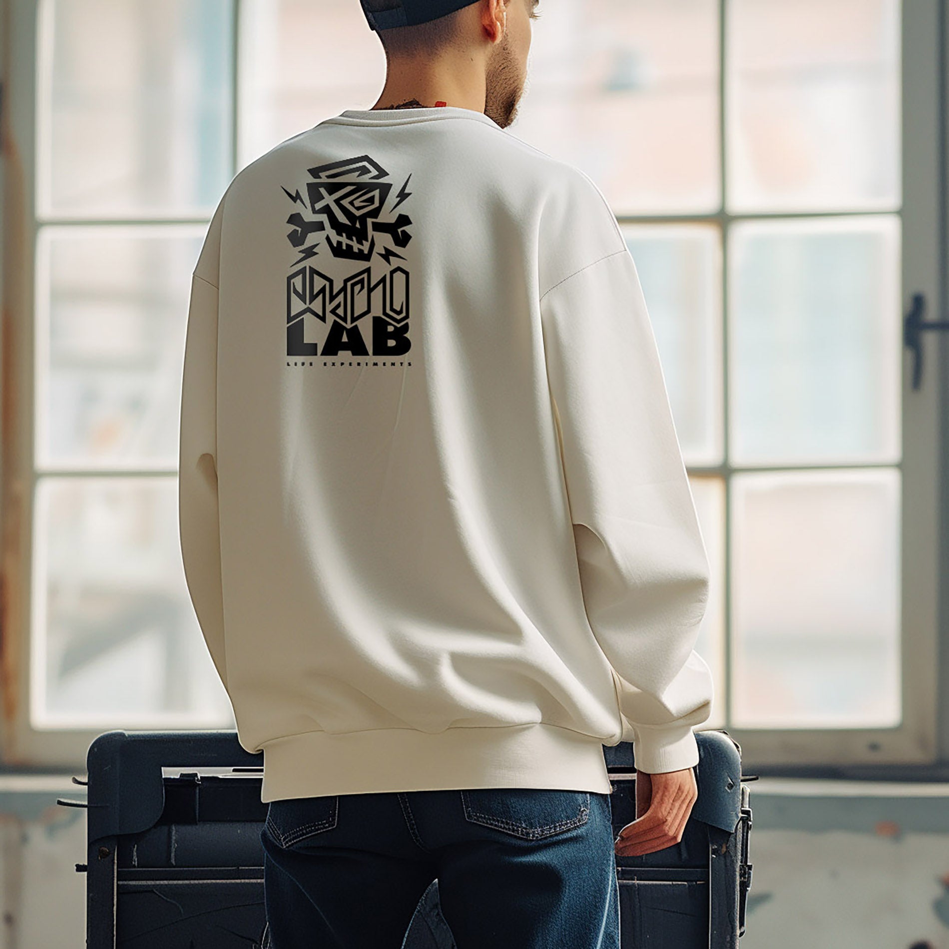 Rückansicht des Sweatshirts Logo White von PsychoLab, mit auffälligem Print auf der Rückseite, perfekt für einen modernen Alltagslook. PsychoLab.