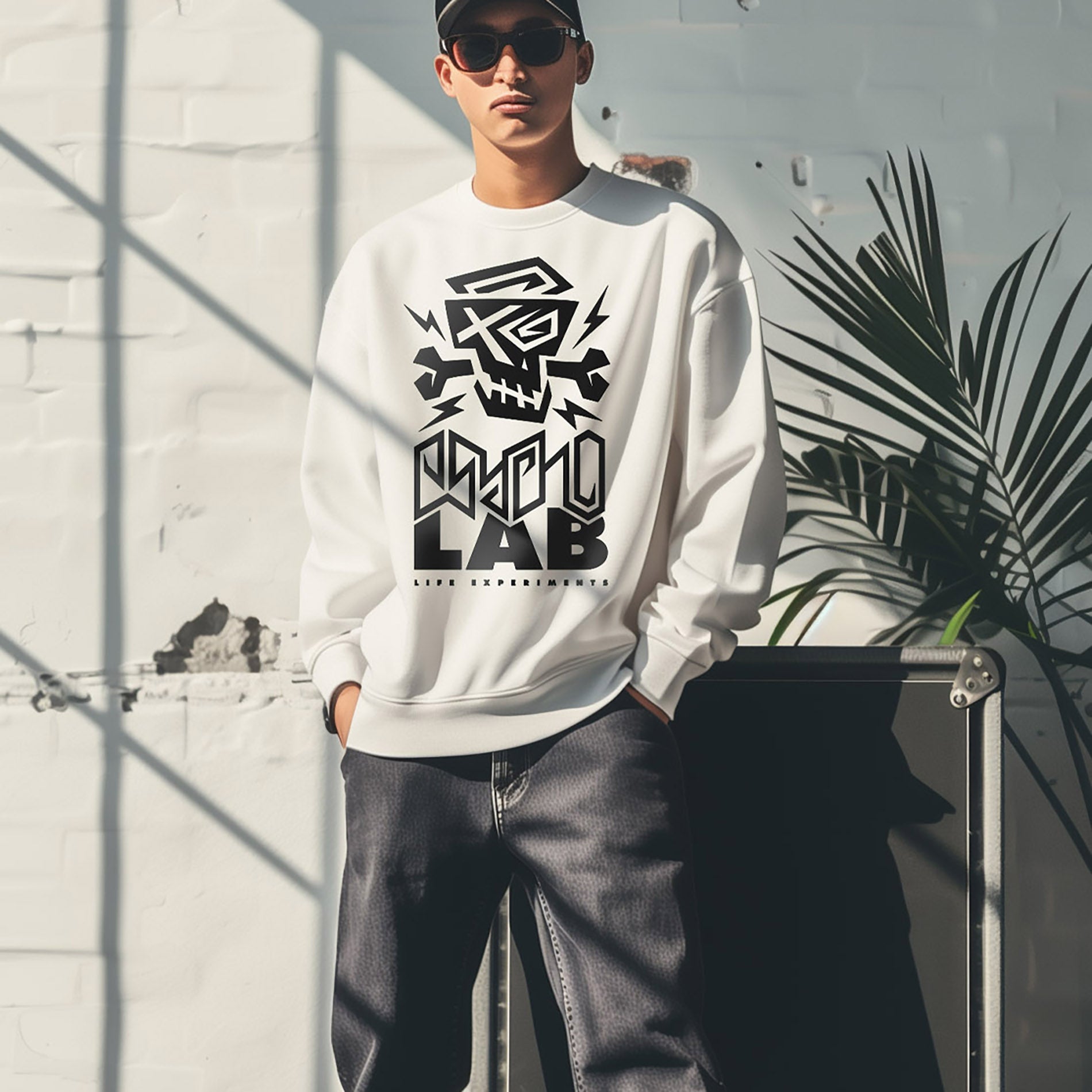 Stylisches Sweatshirt Logo White von PsychoLab, präsentiert von einem Model in urbaner Umgebung, ideal für Streetwear-Fans und Komfortliebhaber. PsychoLab.