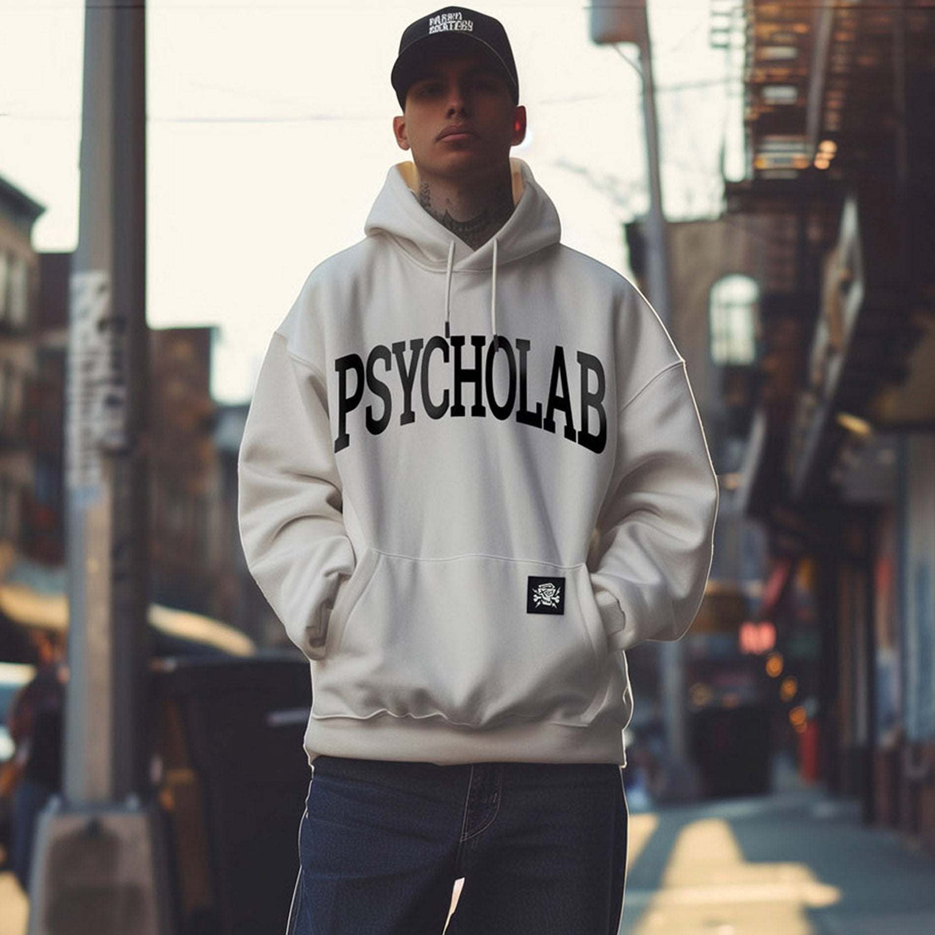 Person trägt einen Hoodie Academy White von PsychoLab in urbaner Umgebung, perfekt für Streetwear-Fans, die Stil und Komfort schätzen. Der markante PsychoLab-Schriftzug verleiht dem Hoodie einen trendigen Look.
