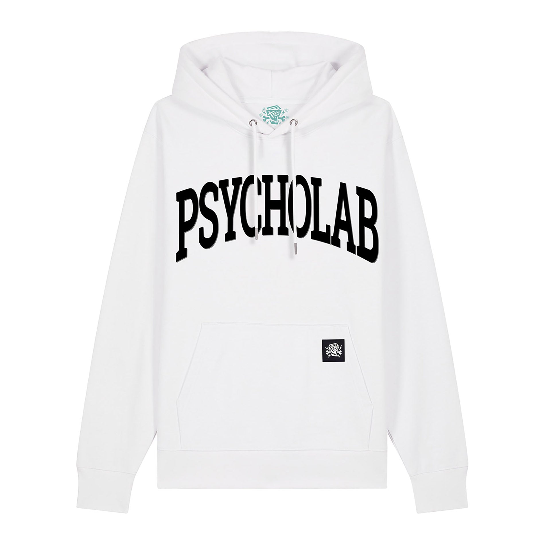 Hoodie Academy White von PsychoLab, vorne mit großem PsychoLab-Schriftzug, ideal für Streetwear-Liebhaber.