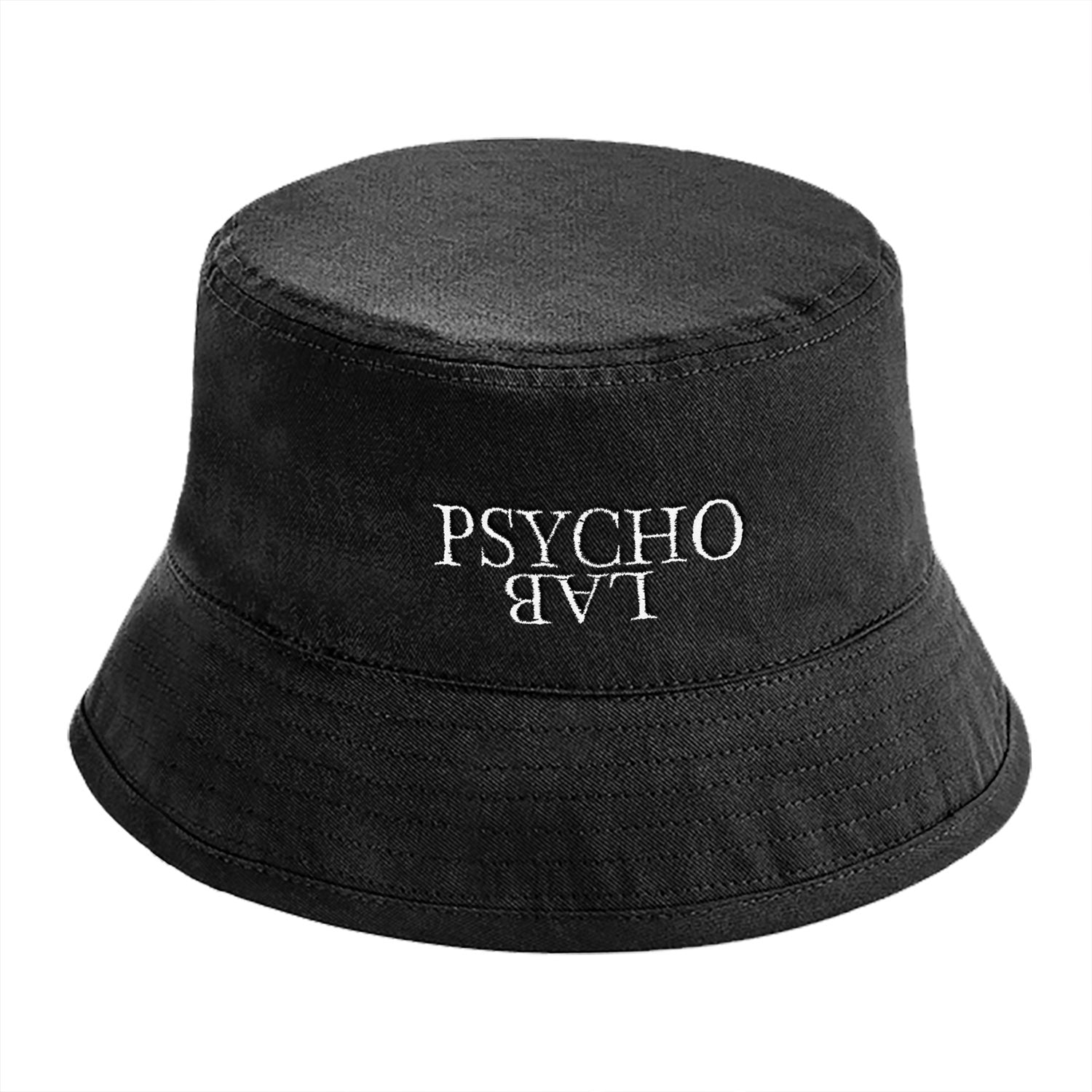 Schwarzer Bucket Hat mit umgekehrtem PsychoLab Logo
