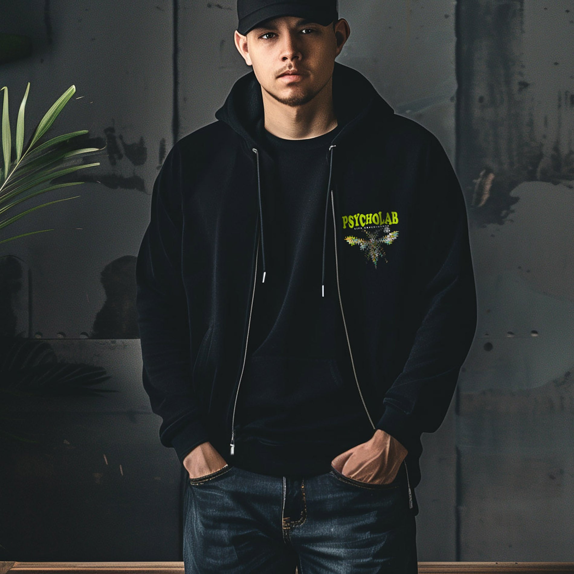 Ein männliches Model trägt das Zip Hoodie Anamorphic von PsychoLab, das die markante Vorderseite mit Logo und die stilvolle Kapuze zeigt, ideal für Streetwear-Fans.
