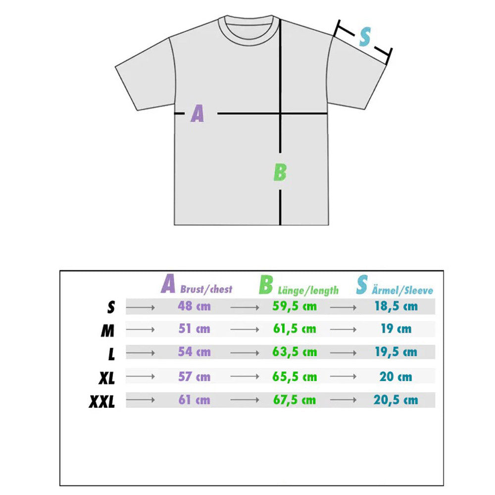 Größentabelle für das Womens Shirt Mariposa Black von PsychoLab, die verschiedene Maße und Größenoptionen anzeigt.
