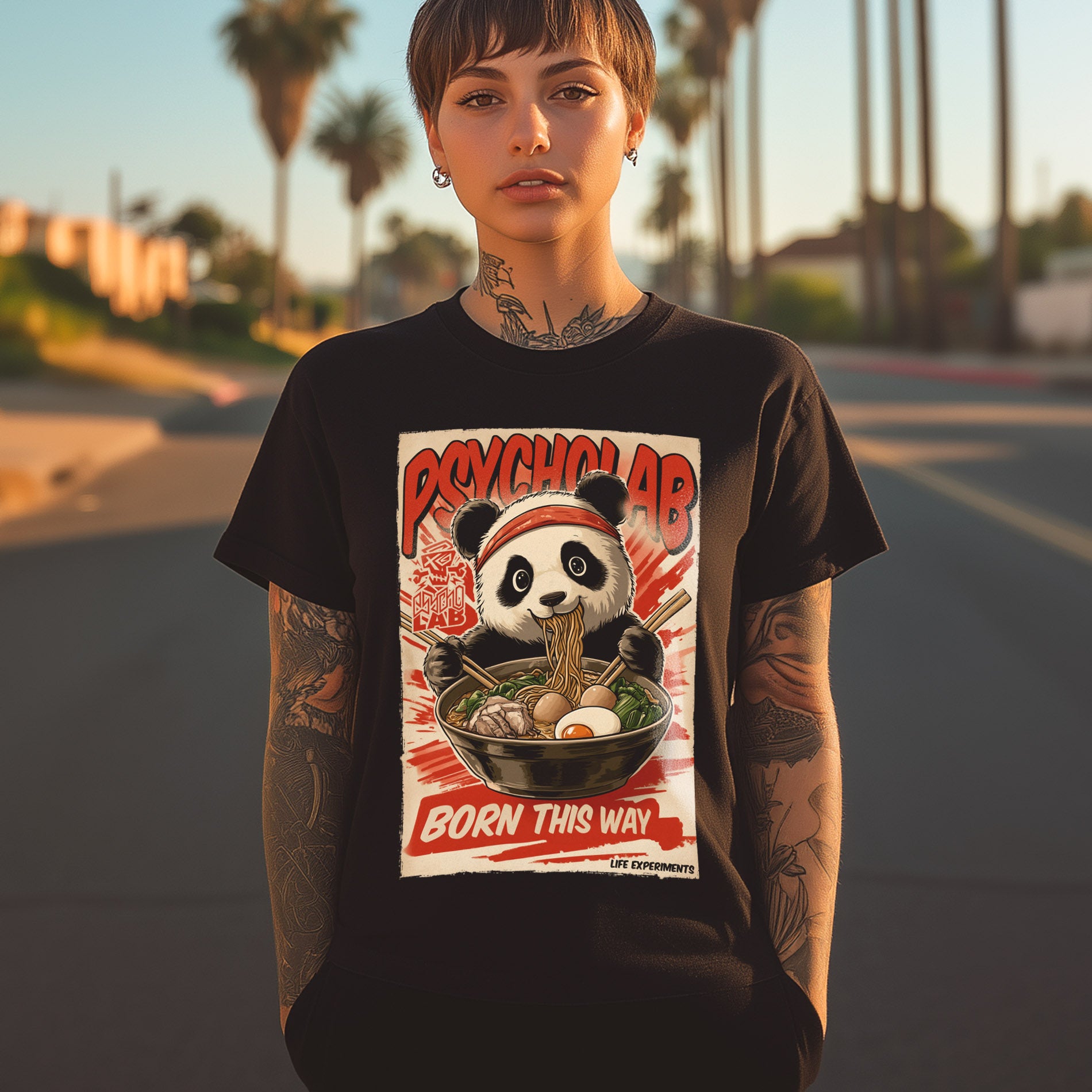 Eine stilbewusste Frau trägt das Women Shirt Panda von PsychoLab, das ein verspieltes Panda-Motiv zeigt, während sie auf einer sonnigen Straße steht. Das Design kombiniert urbanen Style mit einem Hauch von Humor.