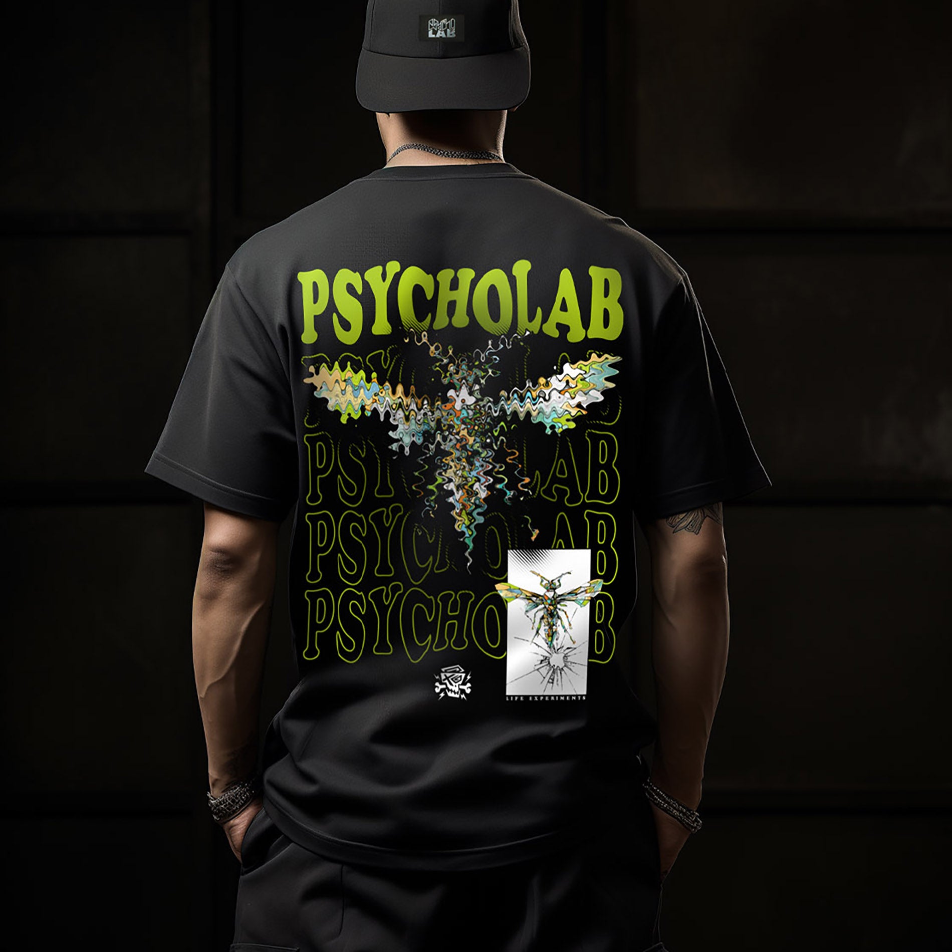 Schwarzes PsychoLab T-Shirt mit anamorphem Design getragen von Model – kreativer und urbaner Style