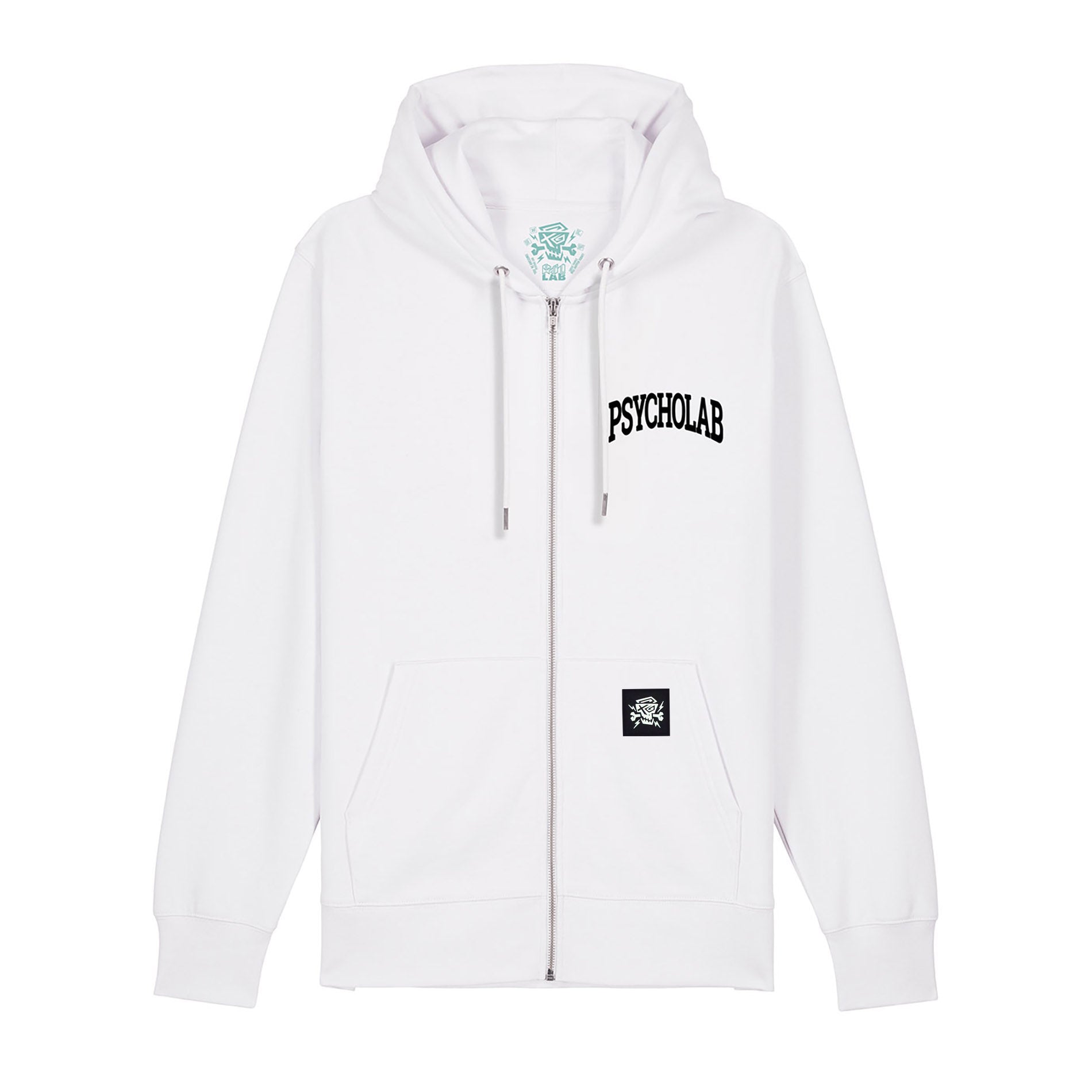 PsychoLab Zip Hoodie Academy weiß mit PsychoLab-Logo und Reißverschluss, Streetwear