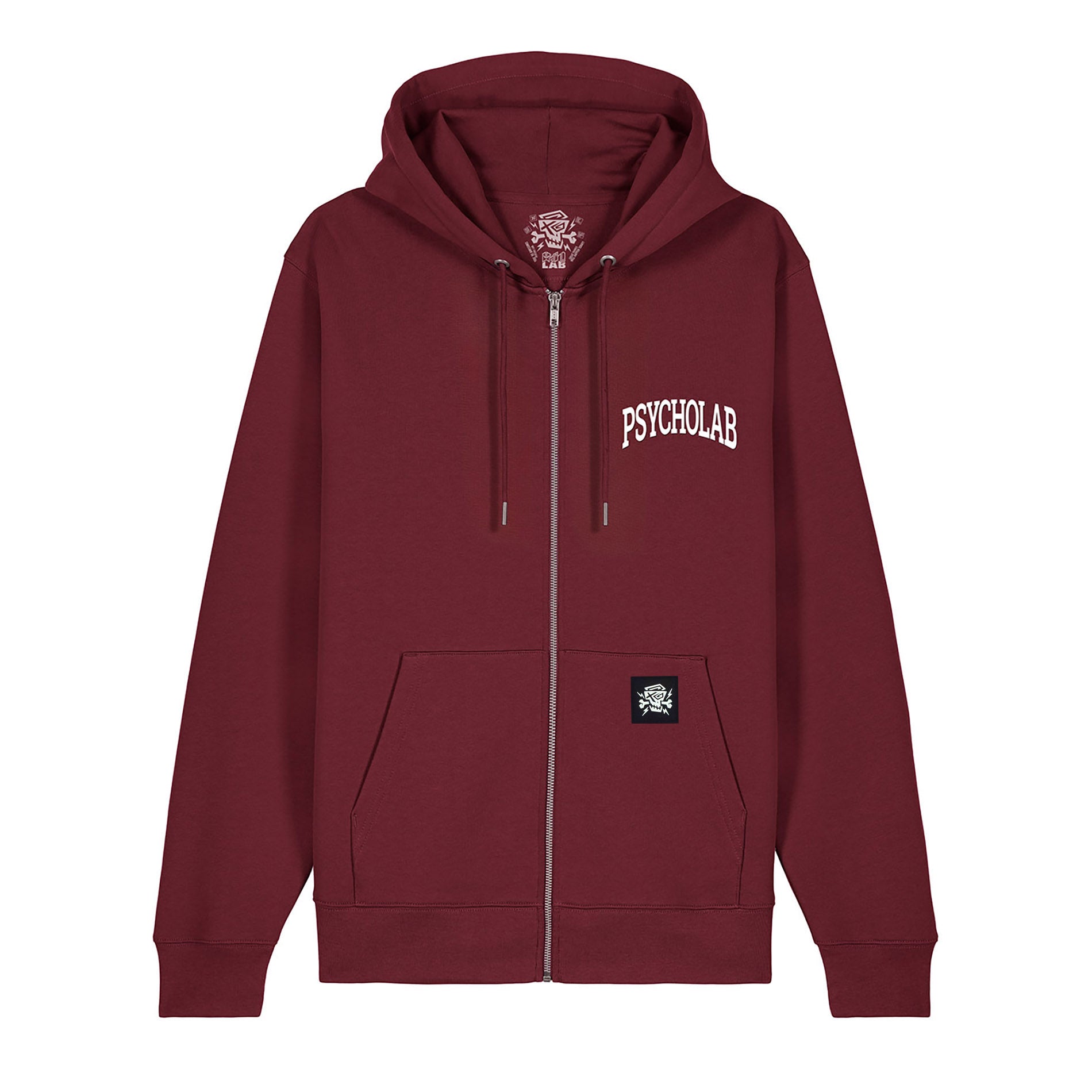 PsychoLab Zip Hoodie Academy bordeaux mit PsychoLab-Logo und Reißverschluss, Streetwear