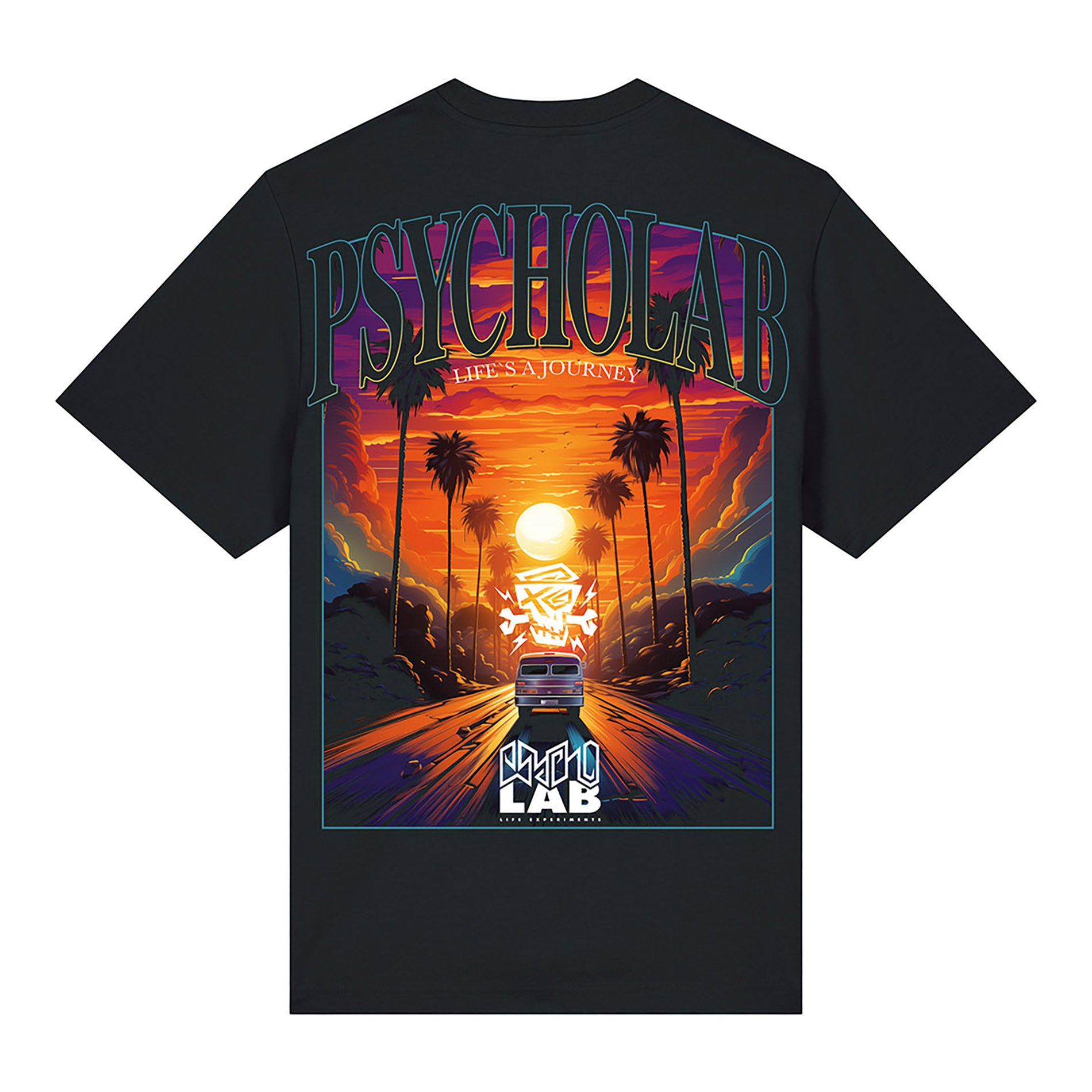 PsychoLab T-Shirt Journey Schwarz Rückseite mit farbenfrohem Sonnenuntergangs-Design und Logo