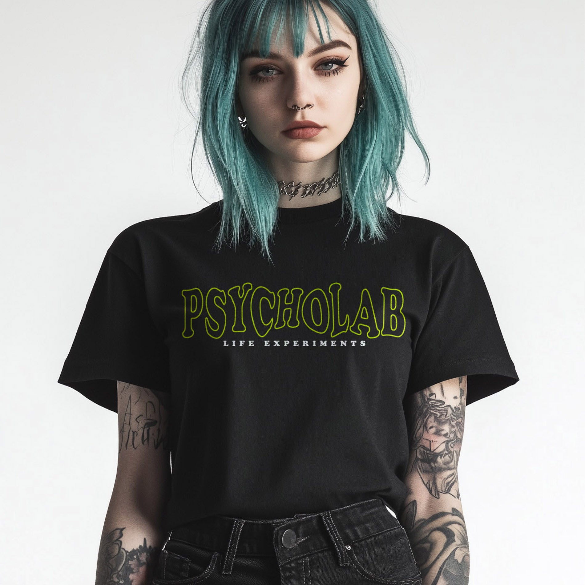 PsychoLab Women Shirt Anamorphic Schwarz Frontdruck auf Model Damen Streetwear