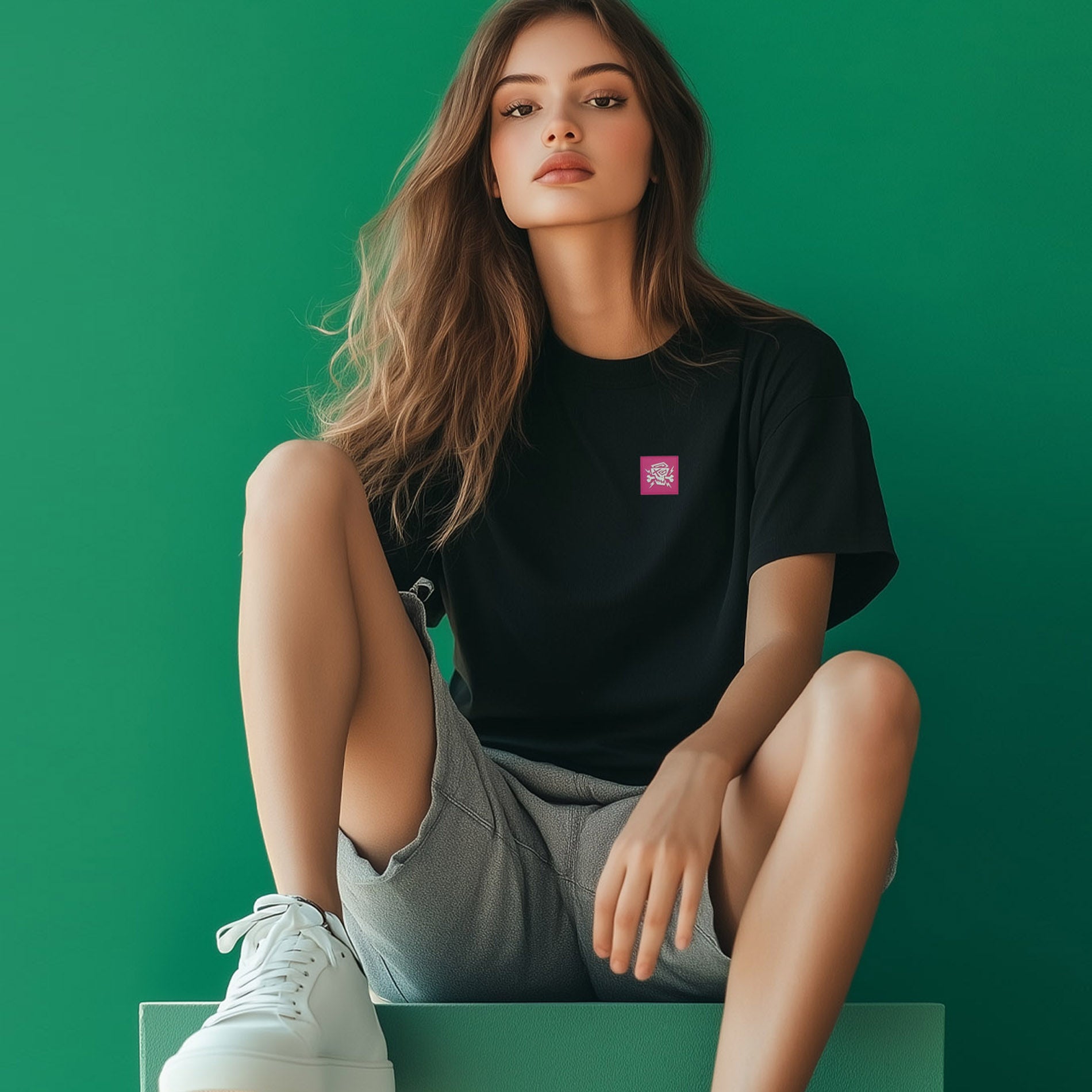 Schwarzes PsychoLab Women Shirt Dynamic Rückseite mit grünem Typografiedruck auf Model Damenmode