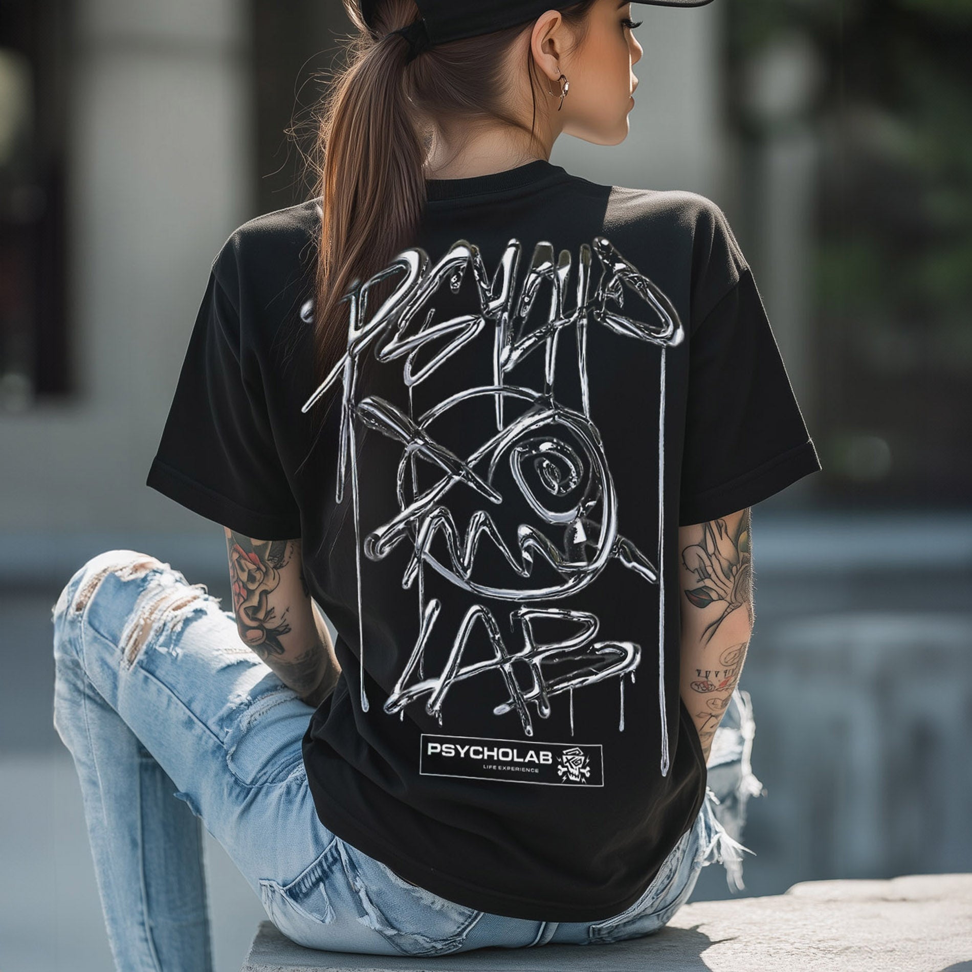 Schwarzes PsychoLab Women Shirt Chrome Rückseite Chrom-Grafik auf Model Damen Streetwear