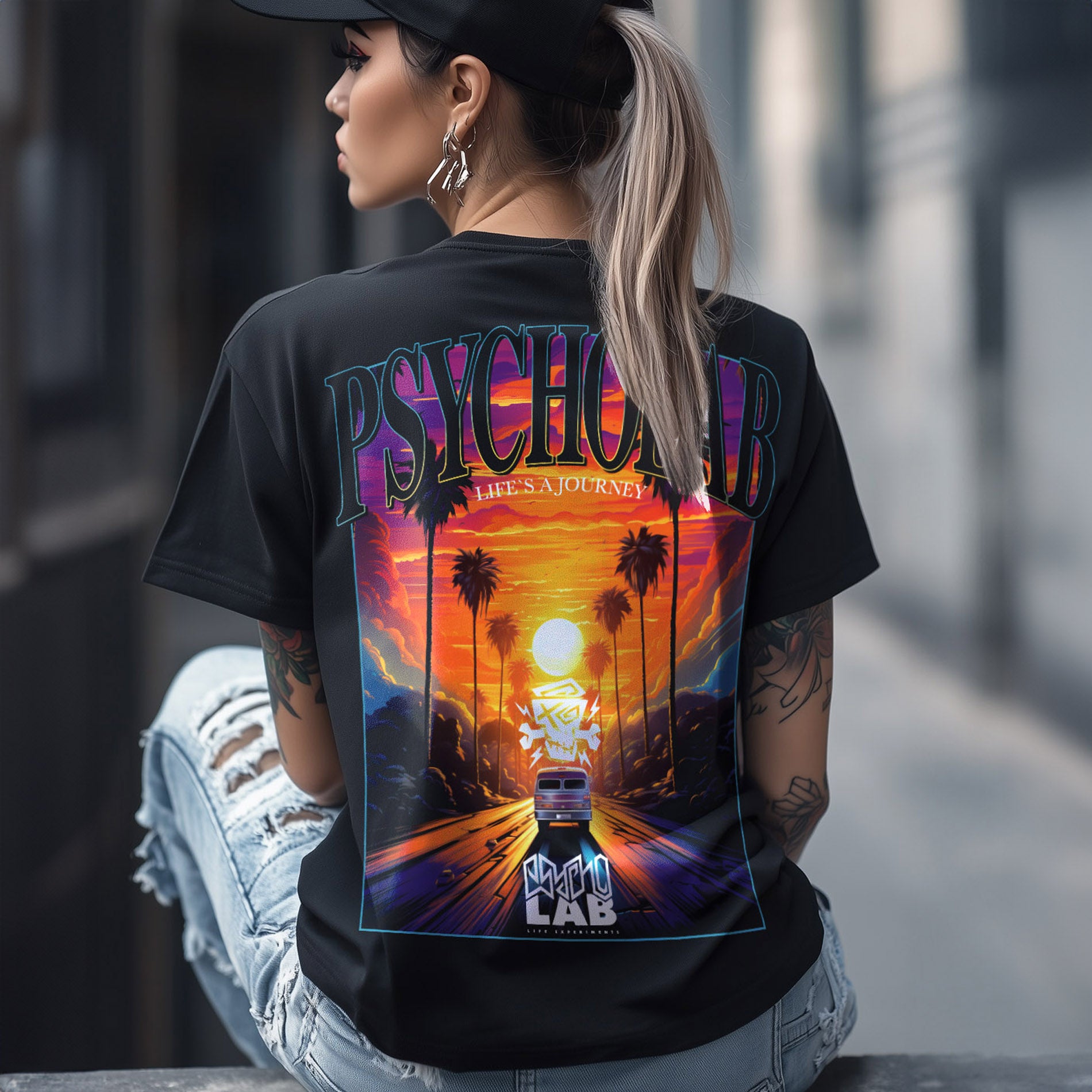 Schwarzes PsychoLab Women Shirt Journey Rückseite mit Roadtrip Grafik auf Model Damenmode