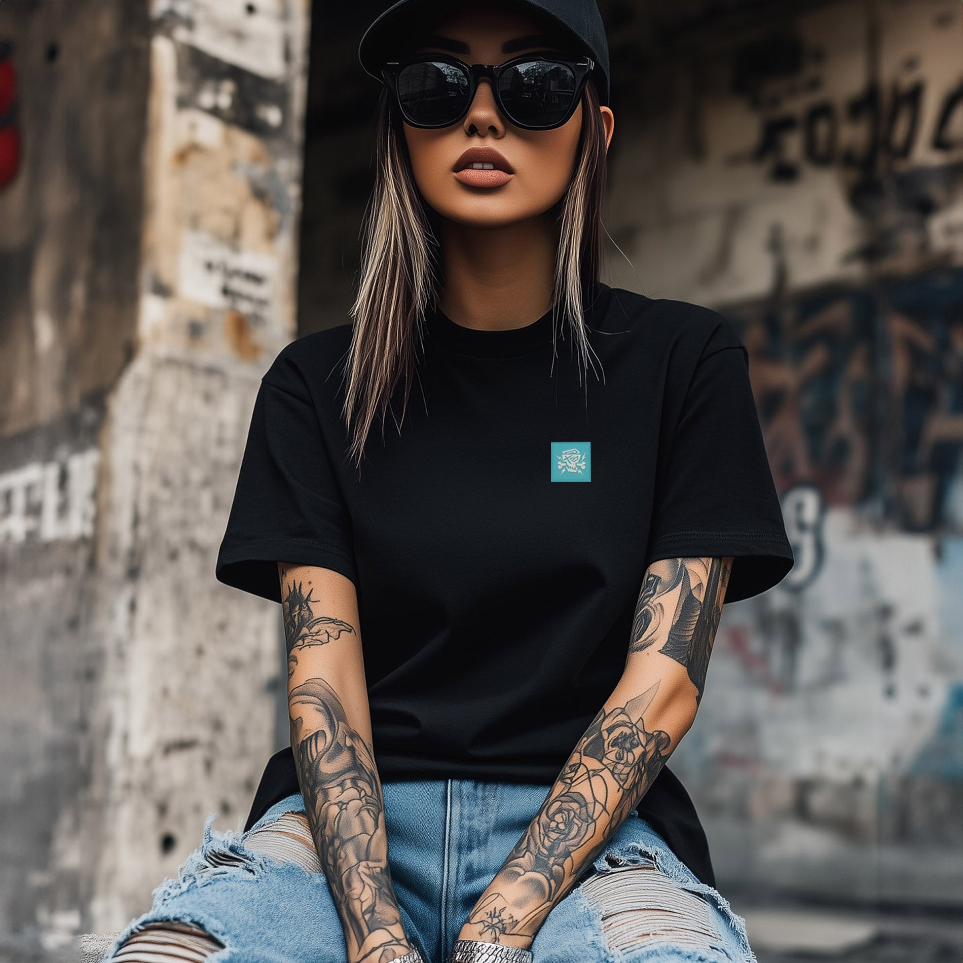 PsychoLab Women Shirt Journey Schwarz mit kleinem blauen Logo auf Model Damen Streetwear