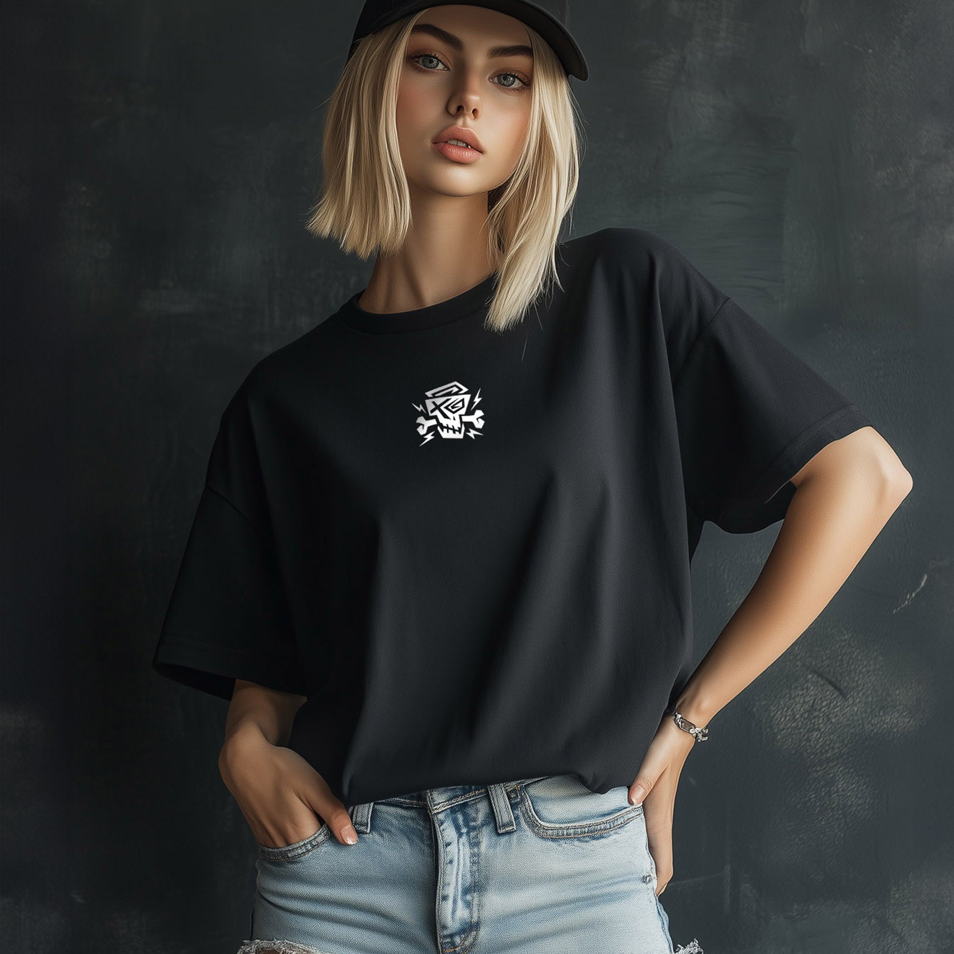 PsychoLab Women Shirt Logo Schwarz mit kleinem Schädel-Logo auf Model Damen Streetwear