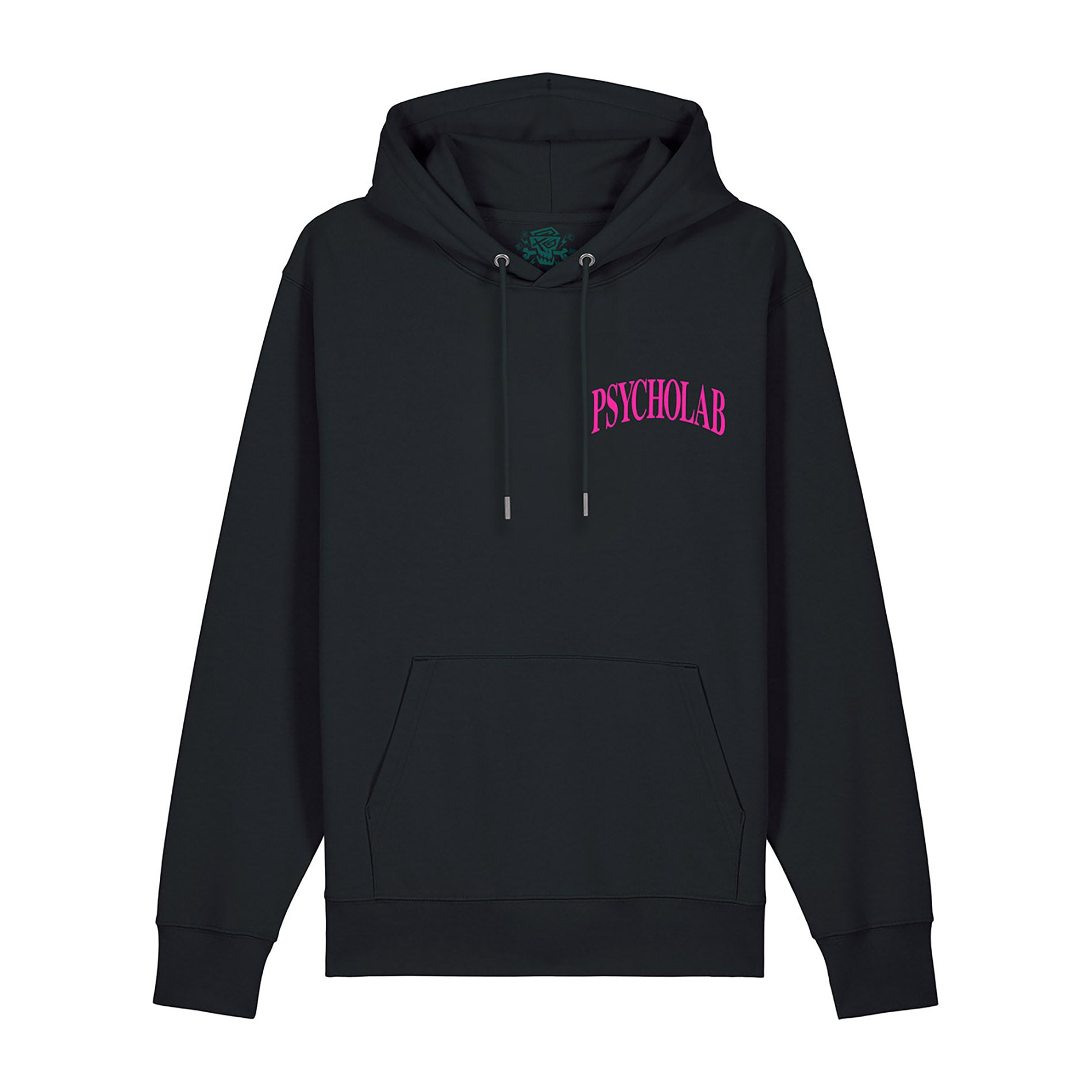 Schwarzer Hoodie mit pinkem PsychoLab-Schriftzug auf der Brust