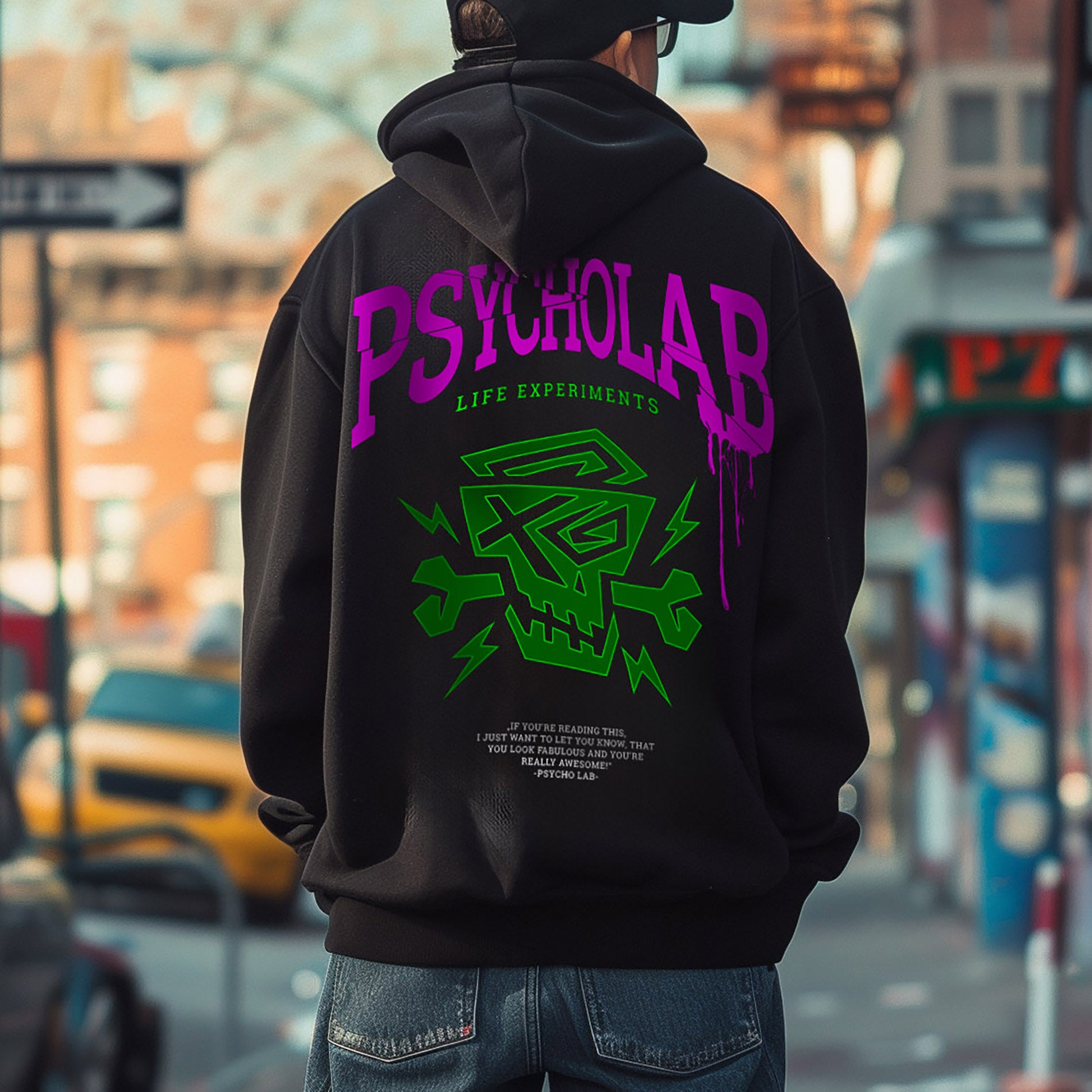 Streetwear-Hoodie von PsychoLab mit auffälligem Rückenprint in Lila und Grün