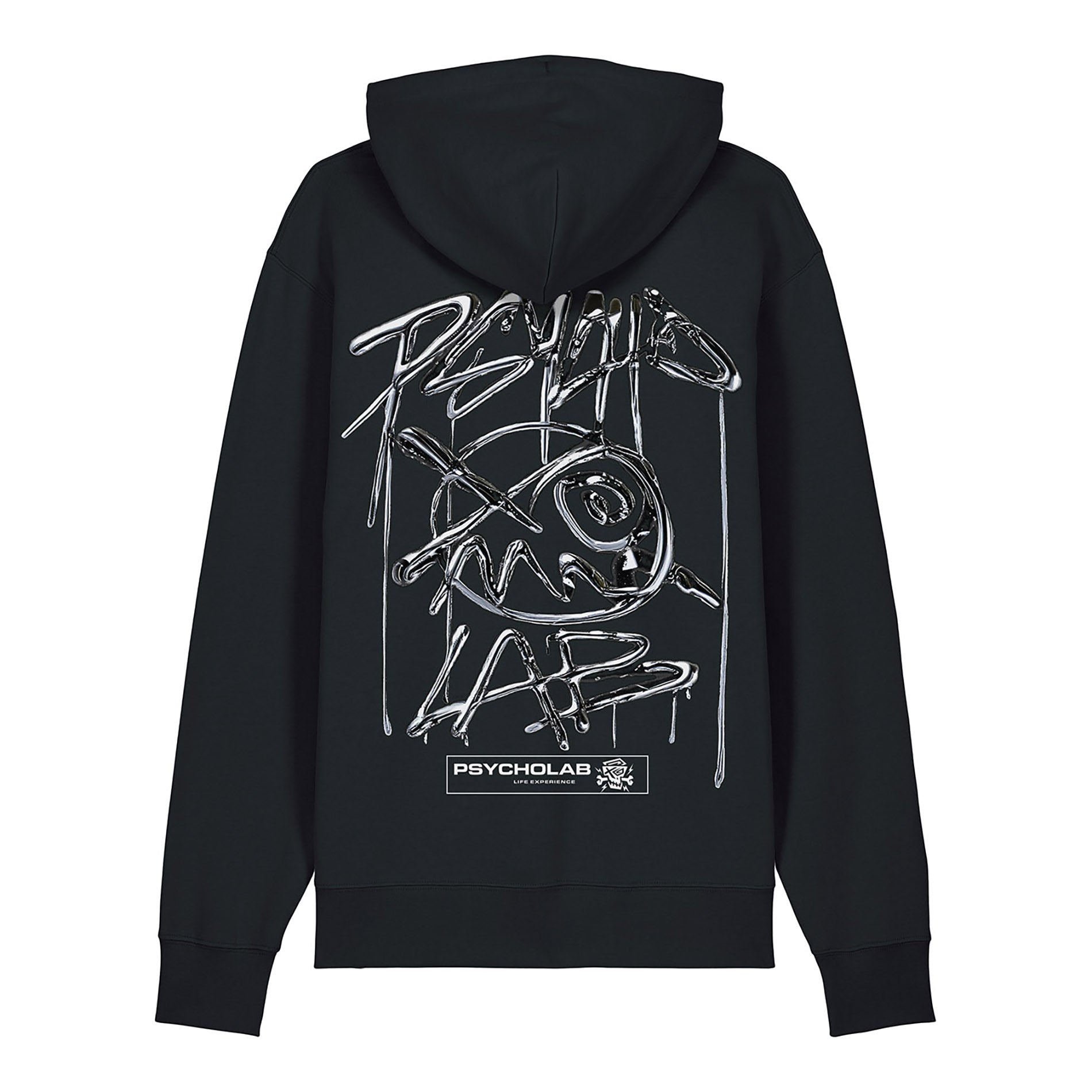 Rückansicht des PsychoLab Hoodies mit großem Chrome-Tropfen-Grafik und stilisiertem Text