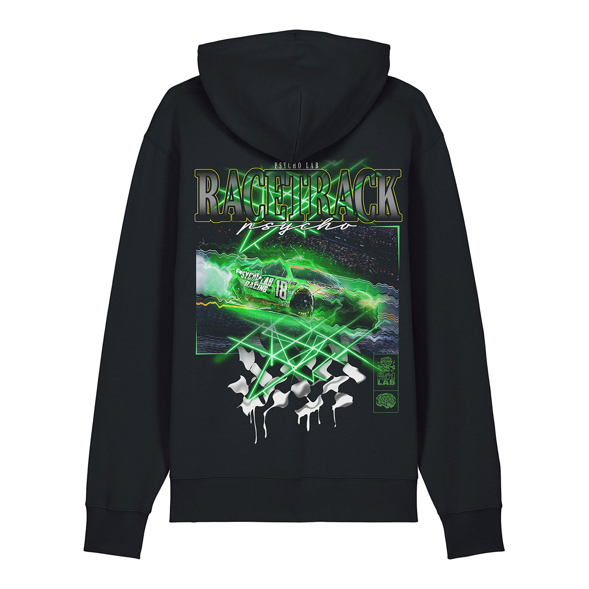 Schwarzer Hoodie mit grünem Rennwagen-Design und großem Racetrack-PsychoLab-Print auf dem Rücken