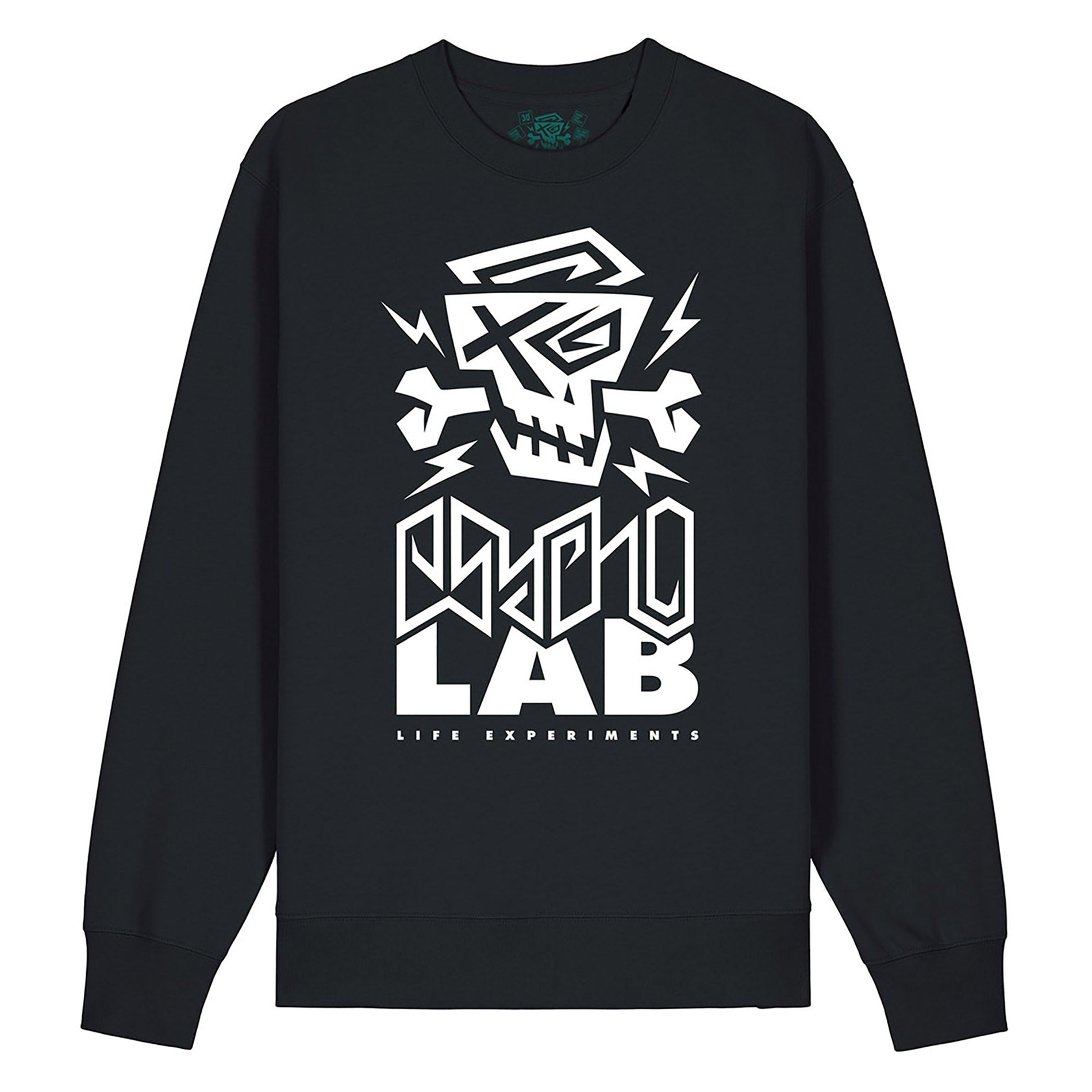 Schwarzes PsychoLab Sweatshirt mit großem Logo Vorderansicht – auffälliges Streetwear-Design