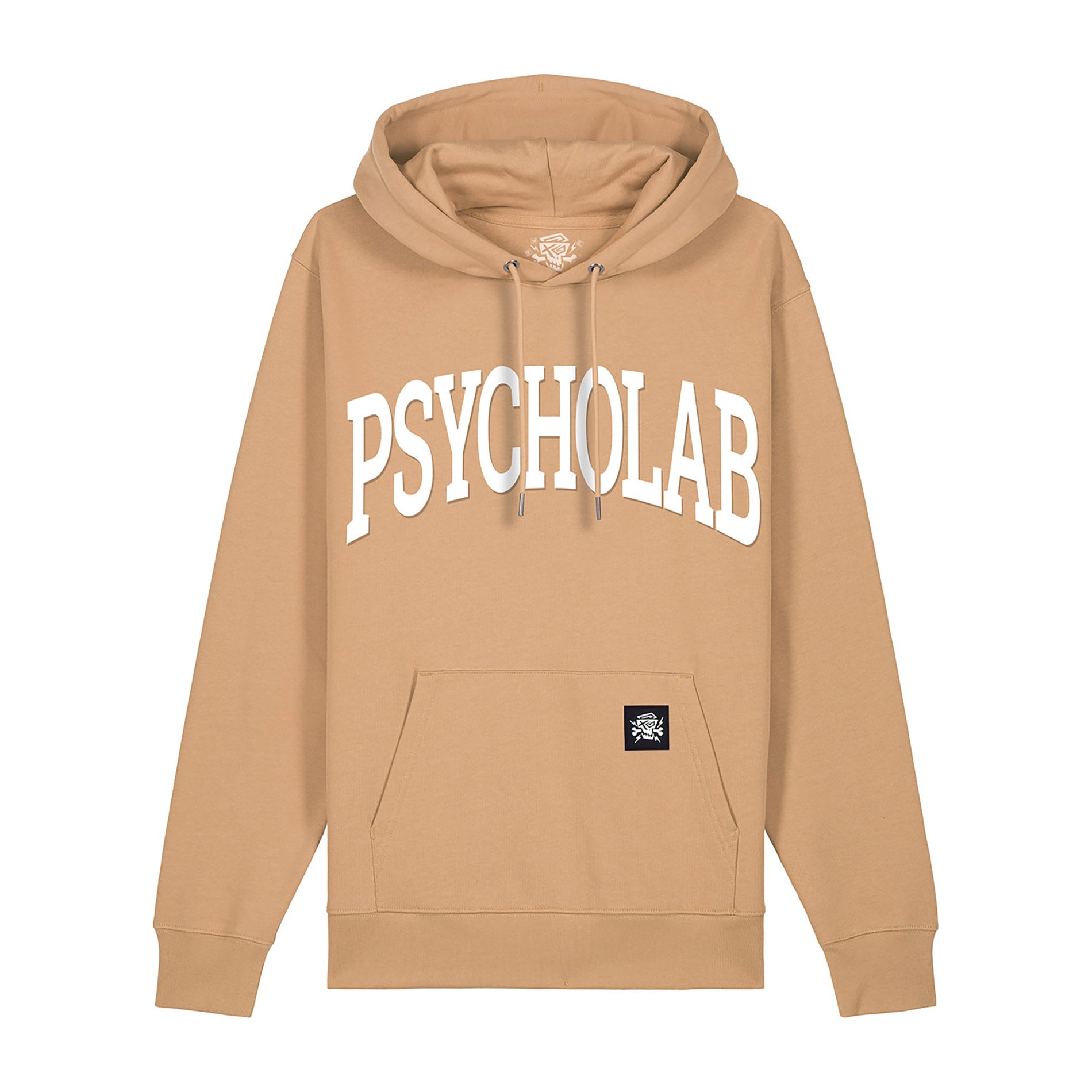 Lattefarbener PsychoLab Hoodie mit großem Schriftzug – Academy Design