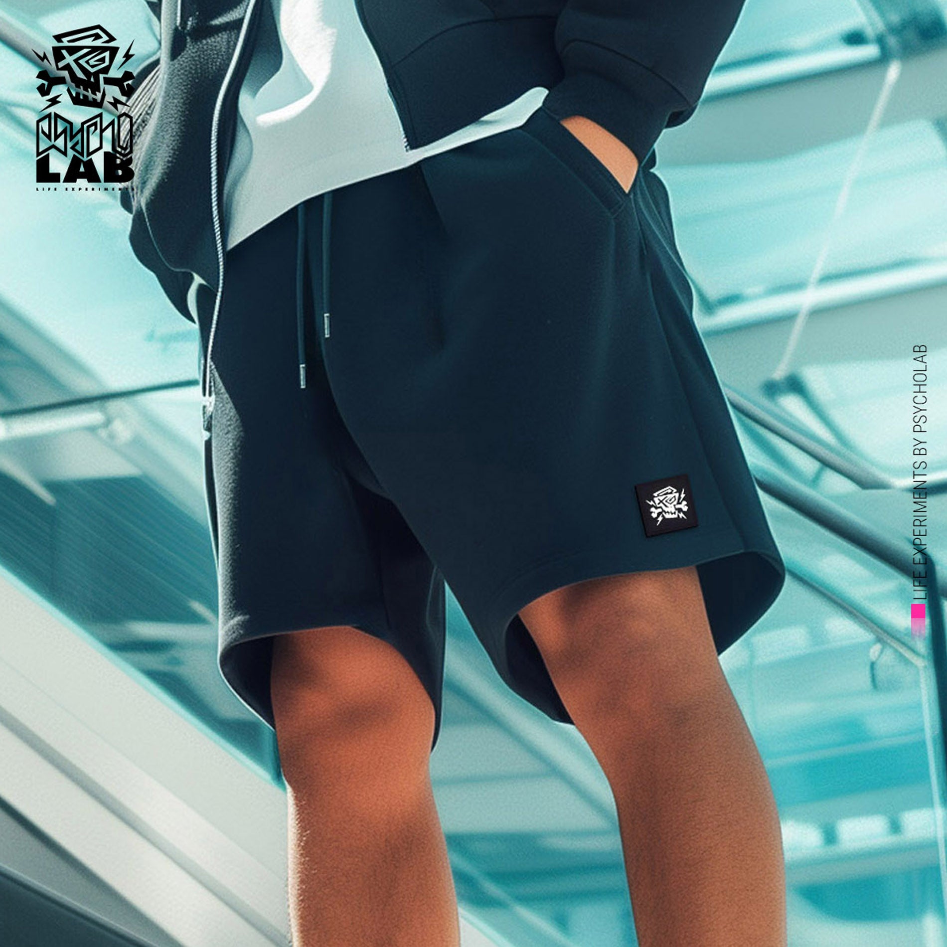 Schwarze PsychoLab Shorts getragen von Model – urbaner Look mit Logo-Detail.