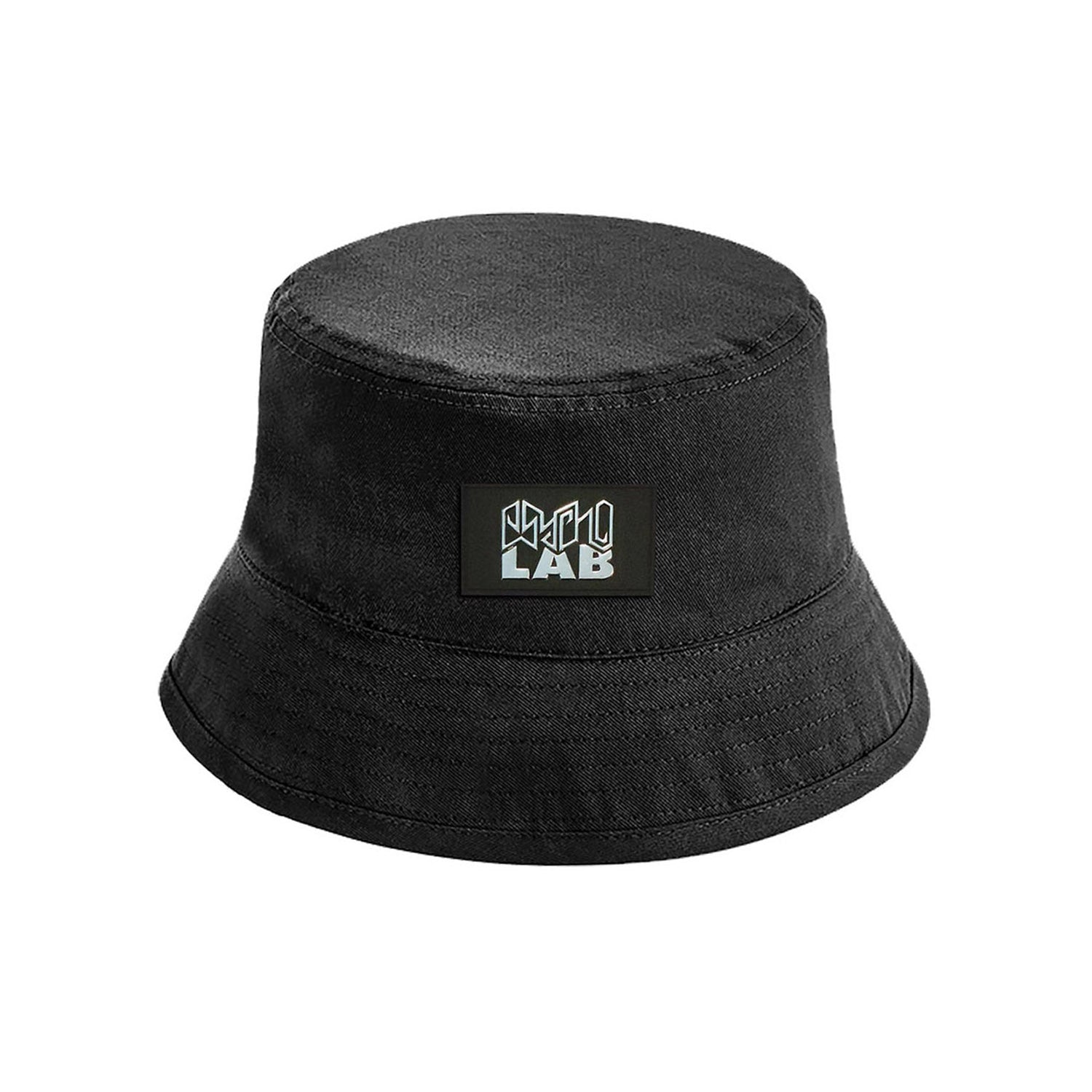 Schwarzer PsychoLab Bucket Hat mit Chrome-Logo – urbaner Streetwear-Stil.