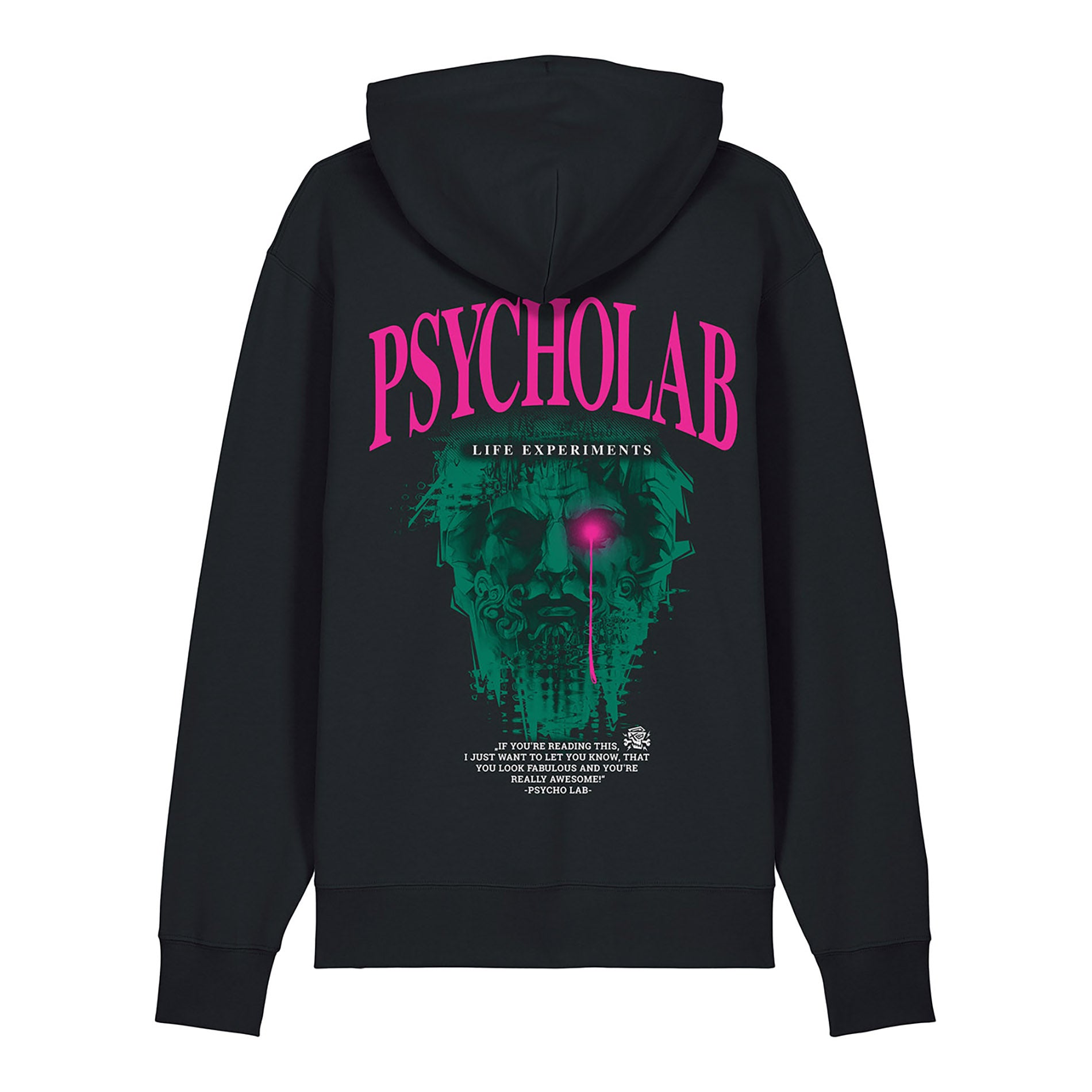 PsychoLab Hoodie mit grünem Totenkopf-Design und pinkem Schriftzug auf der Rückseite