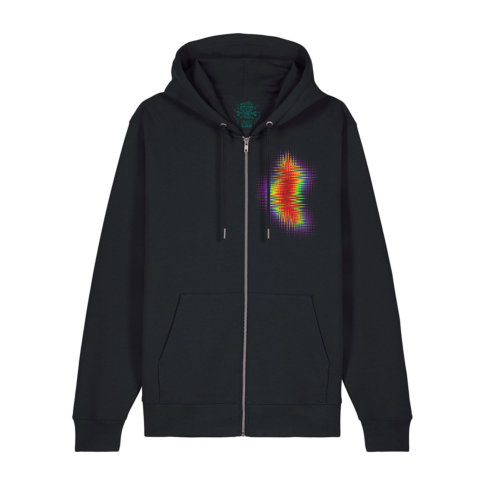 Schwarzer Zip Hoodie PsychoLab mit Regenbogen-Glitch-Grafik auf der Vorderseite