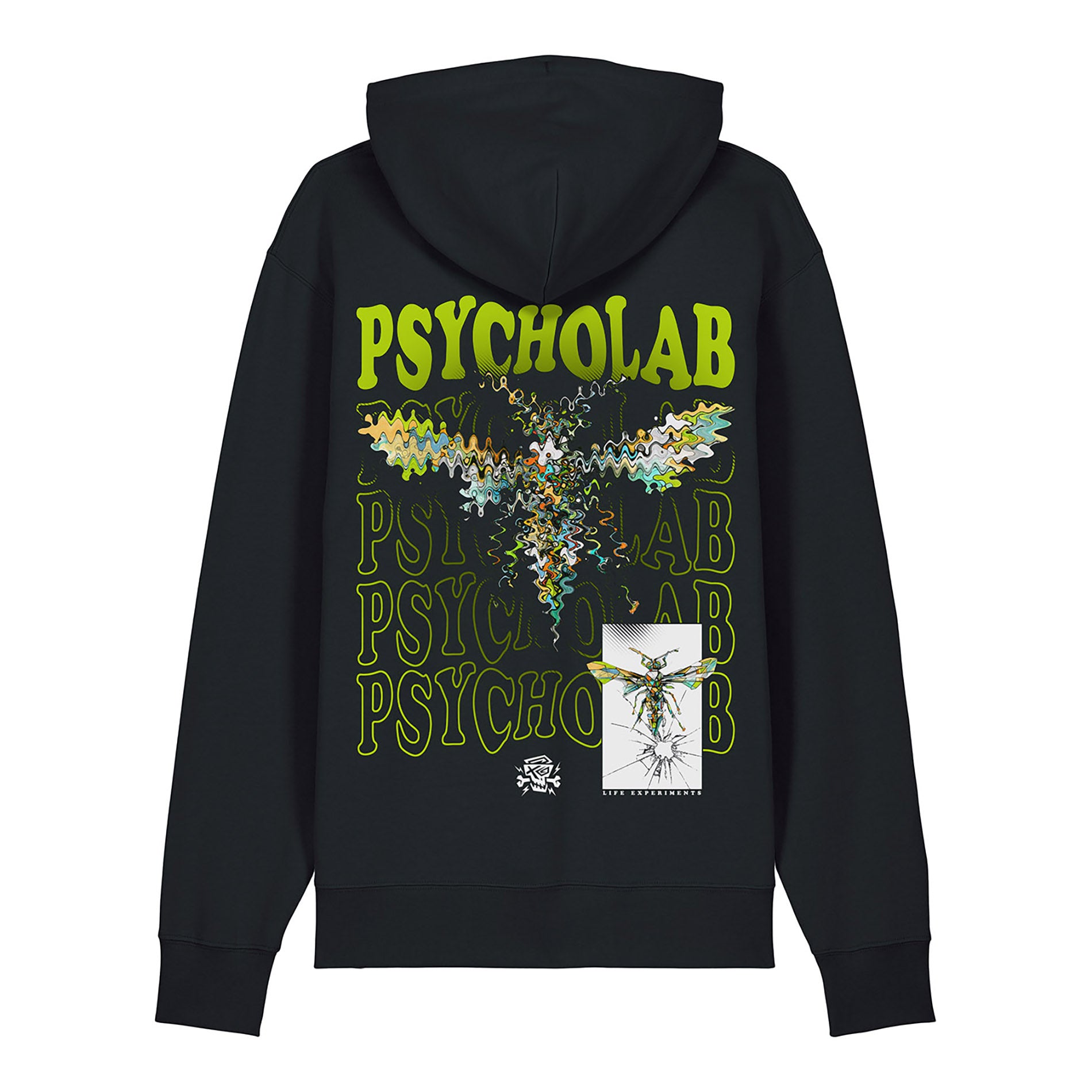 PsychoLab Zip Hoodie Anamorphic schwarz mit abstrakter Grafik und PsychoLab-Schriftzug, Streetwear