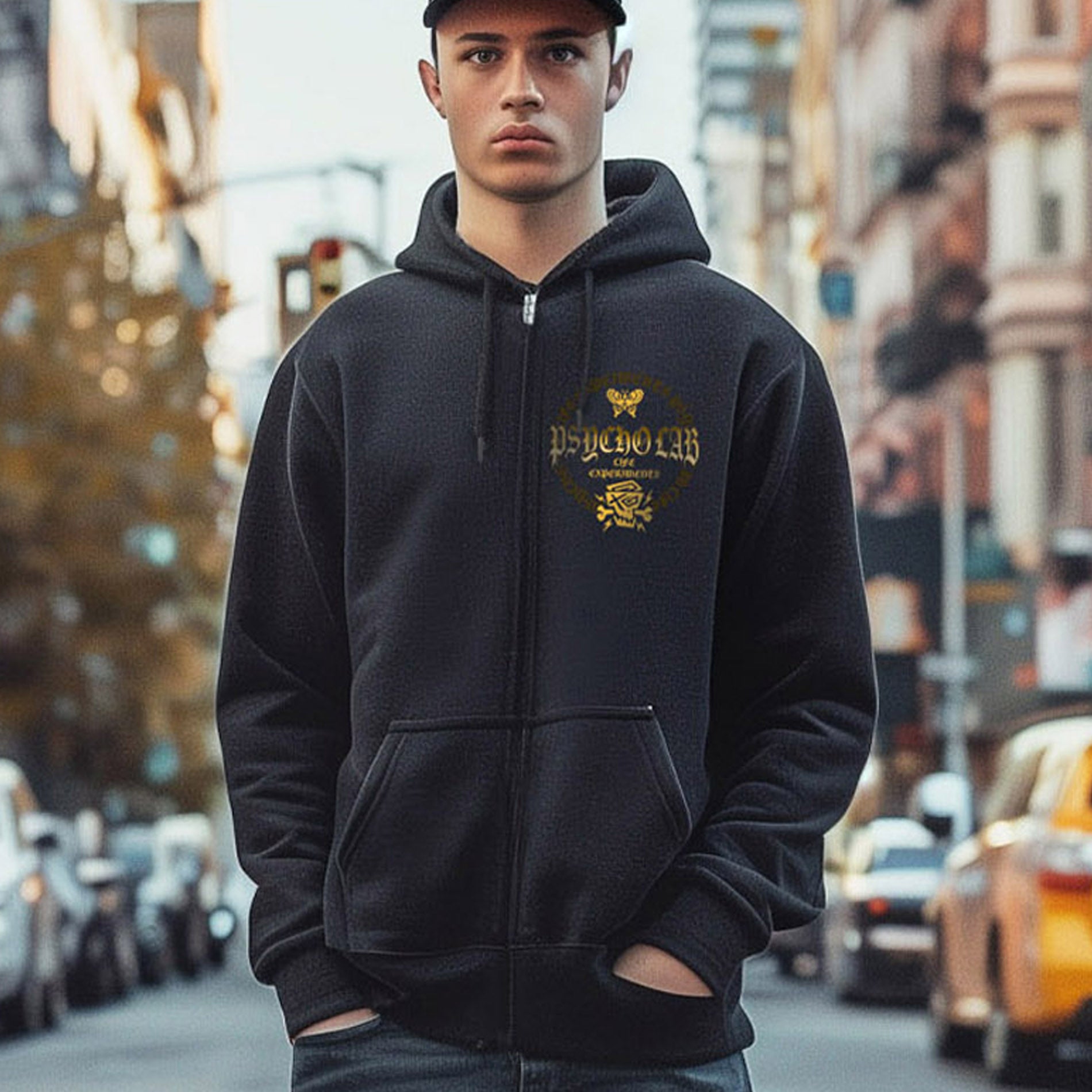 Model trägt PsychoLab Zip Hoodie Galaxy in Schwarz mit gelbem Logo, streetwear Look