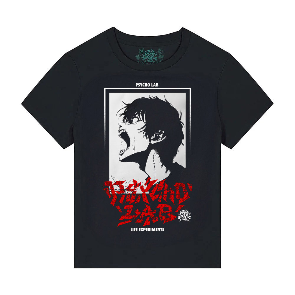 Detailansicht des Women’s Shirt Scream Black von PsychoLab, das einen kraftvollen Scream-Print zeigt und ideal für einen urbanen Look ist.