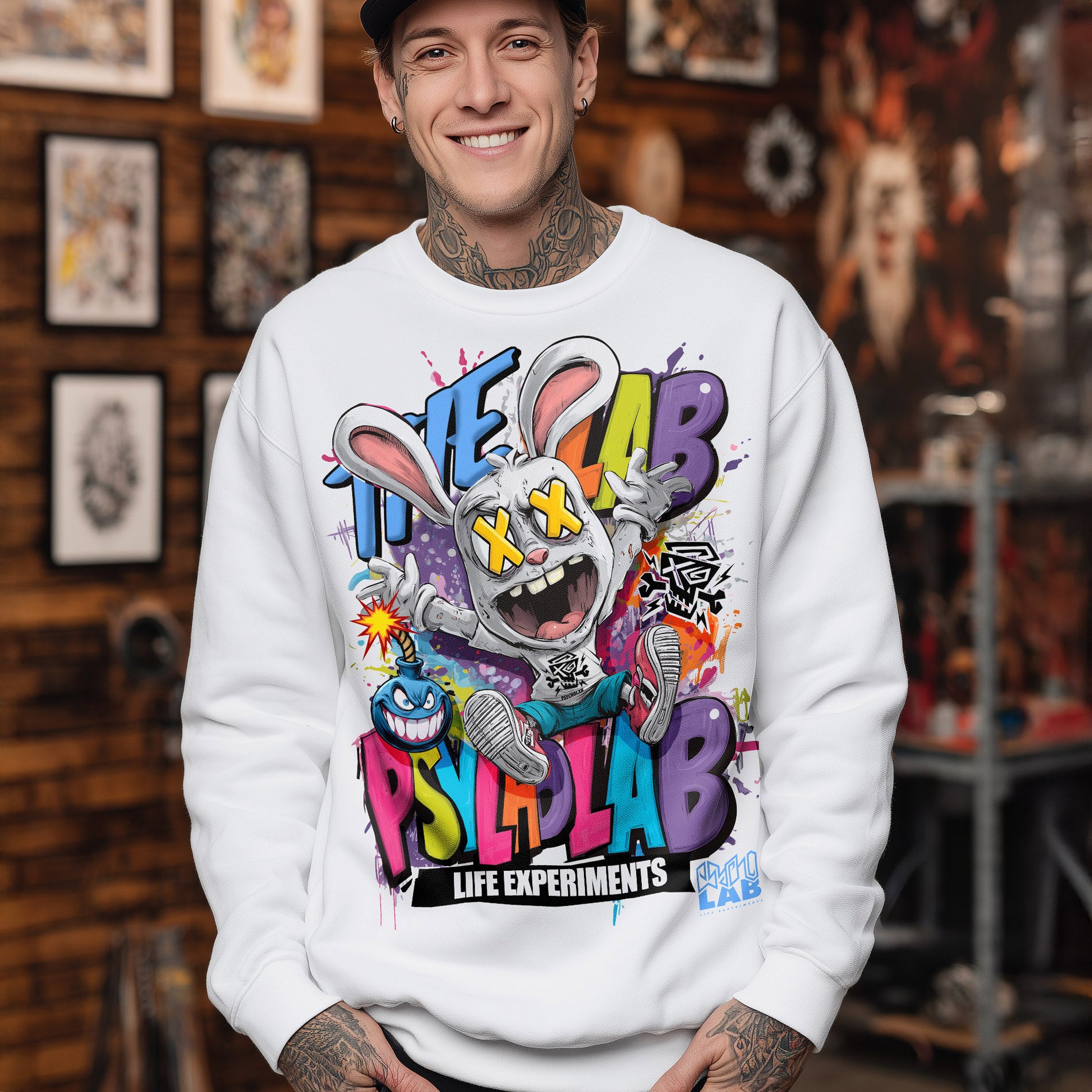 Rabbit Toon Sweatshirt – Weißes Graffiti-Statement aus Bio-Baumwolle
