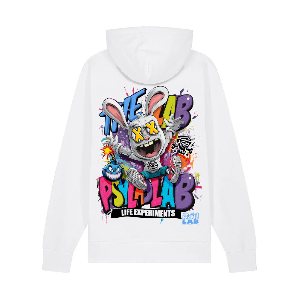 Rabbit Toon Hoodie White – Graffiti Streetwear aus Bio-Baumwolle