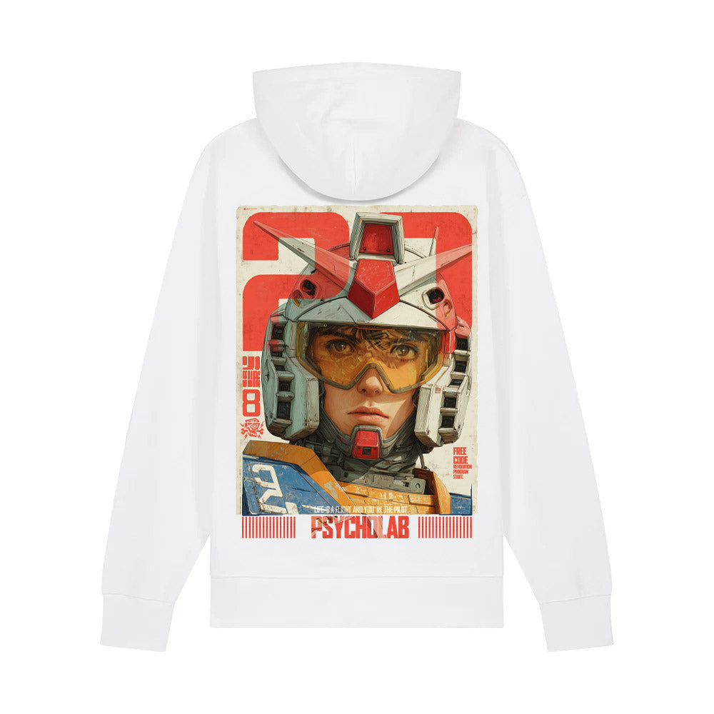 Pilot Hoodie White – Anime Streetwear mit Mecha-Vibe